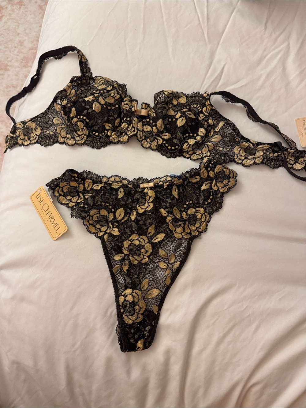Lise Charmel Black & Gold Lace Bra & Thong Set